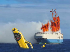 A burning cargo ship full of Porsches and VWs is adrift in the mid-Atlantic
